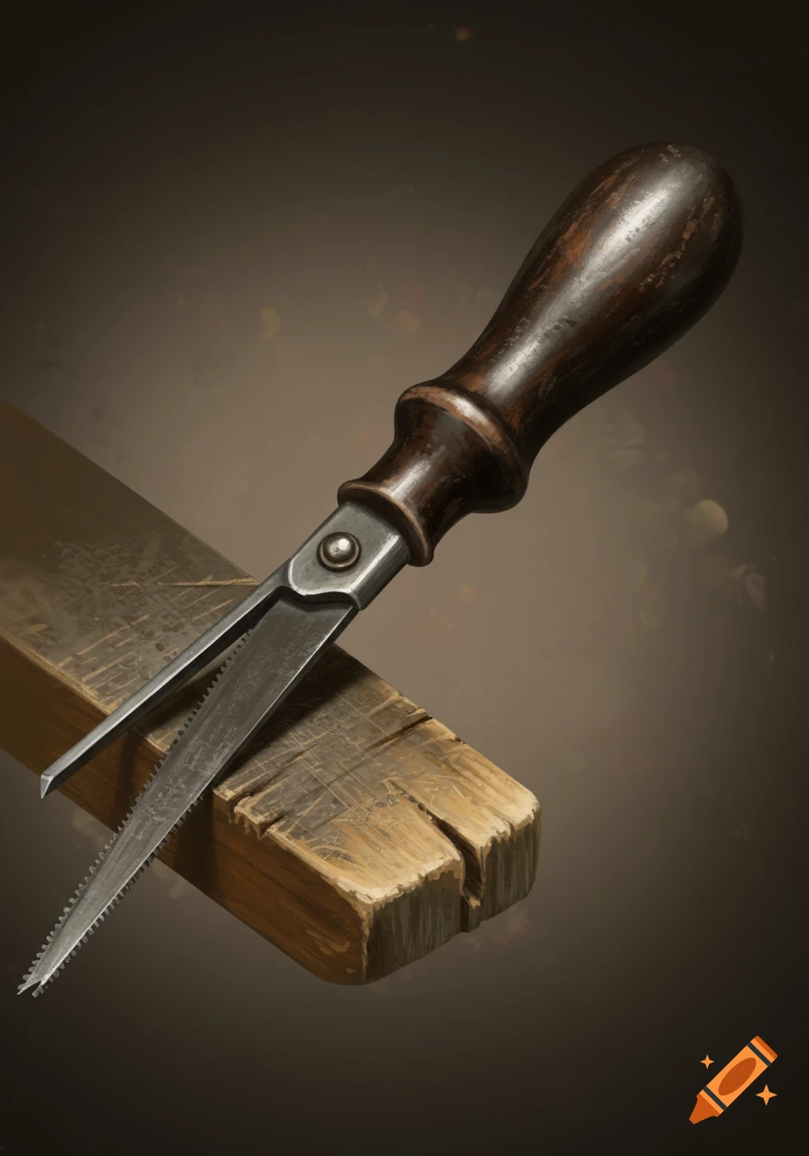A jeweller's saw rests on a piece of wood.