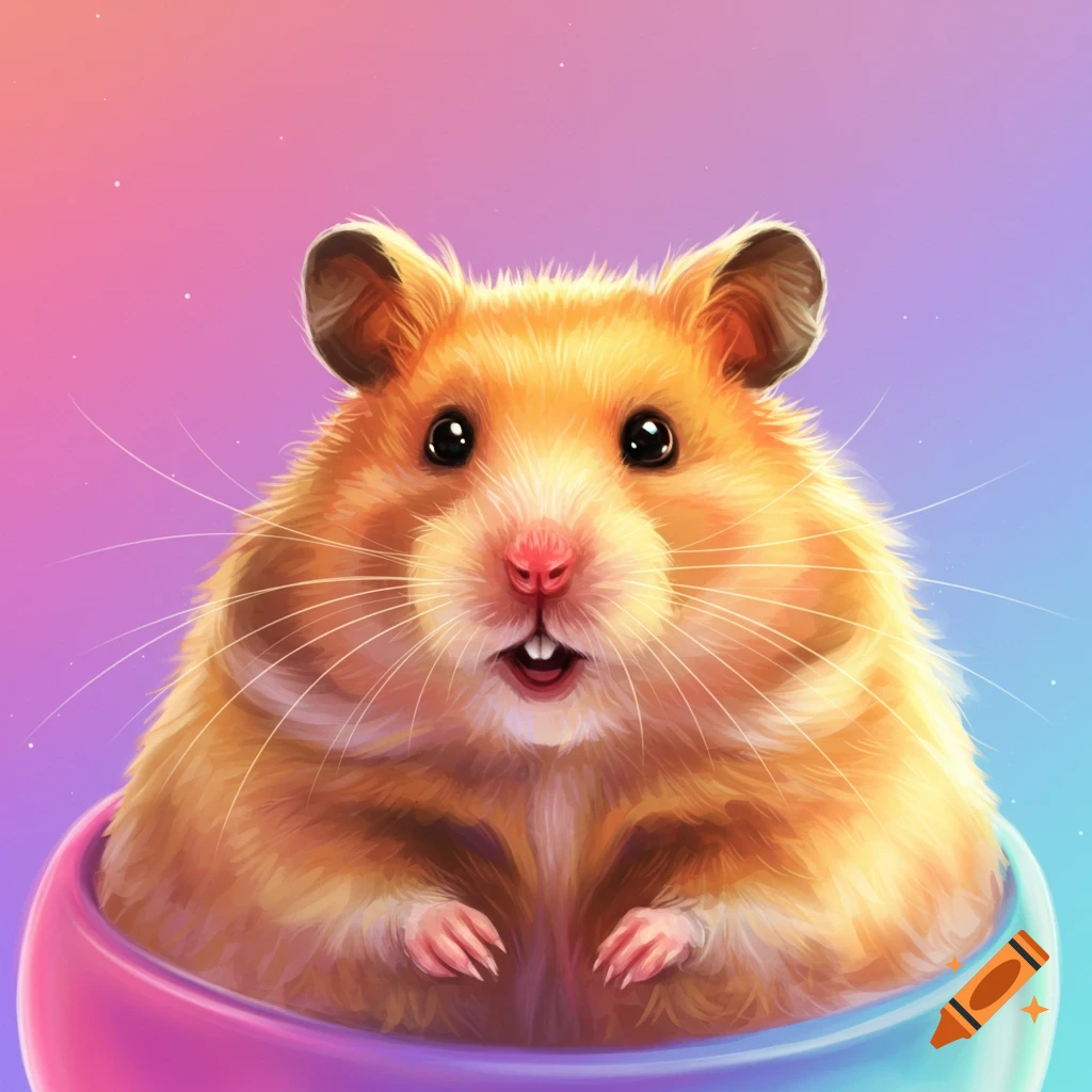 Close-up illustration of a cute hamster sitting in a colorful bowl.