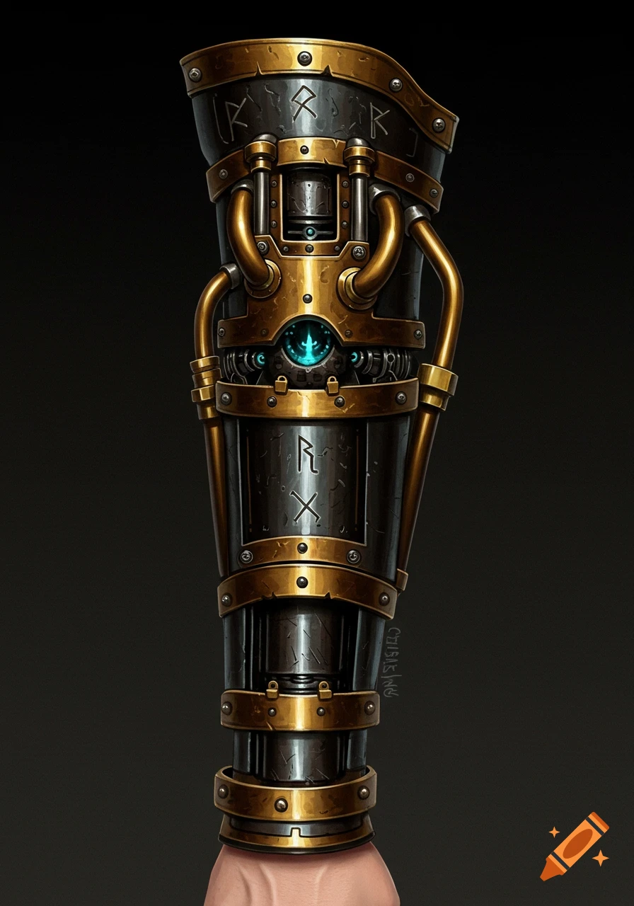 A close-up of an ornate steampunk mechanical sleeve or gauntlet with gold pipes, dark metal plating, glowing blue light, and etched symbols, held by a hand.