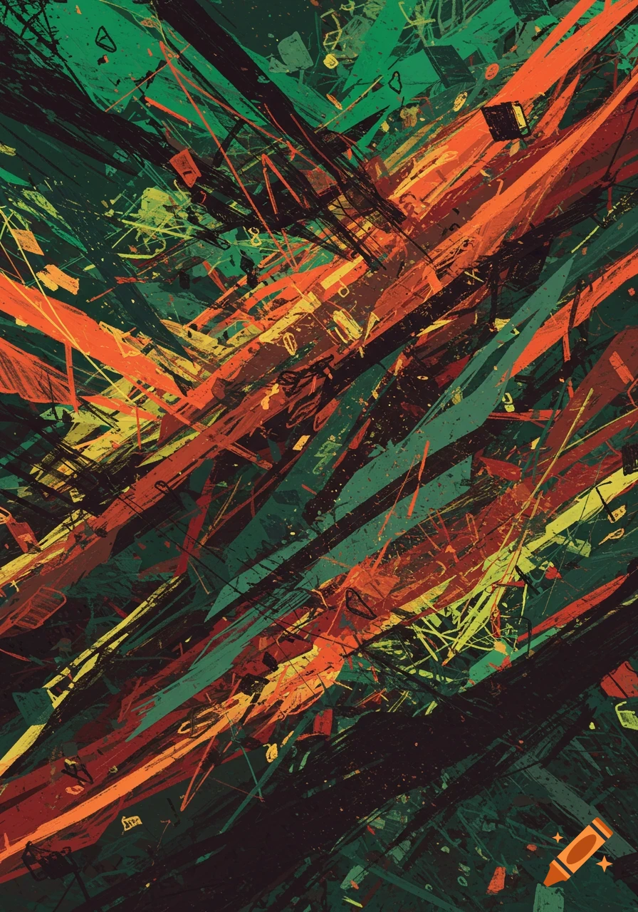 An abstract composition of dynamic, layered brushstrokes and shapes in green, orange, yellow, and black.