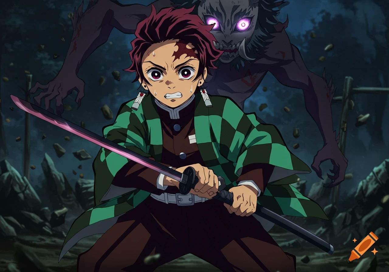 Anime character with a sword confronting a demon in a dark setting, Demon Slayer style