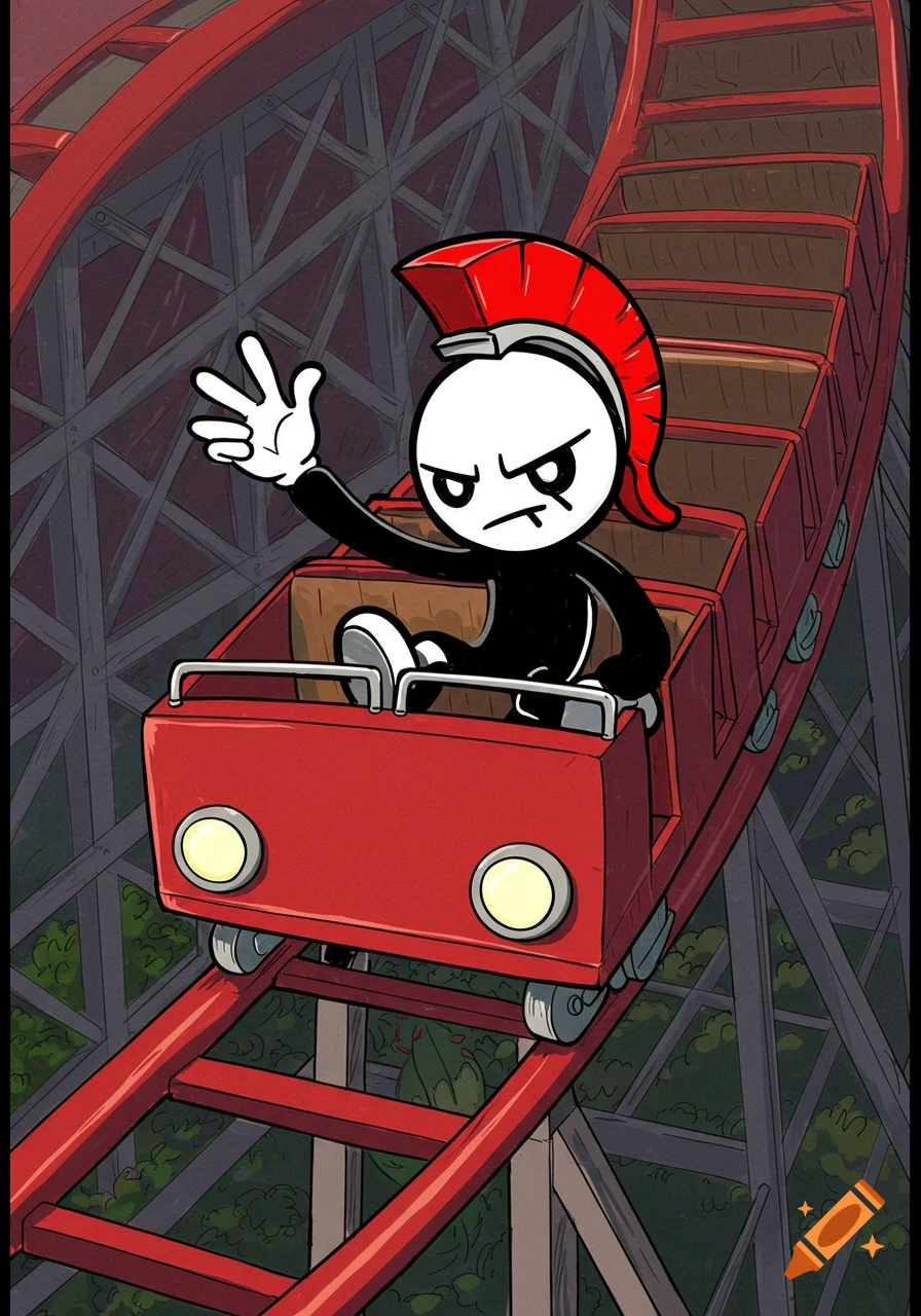 Cartoon stick figure character with red Spartan helmet rides a red rollercoaster.