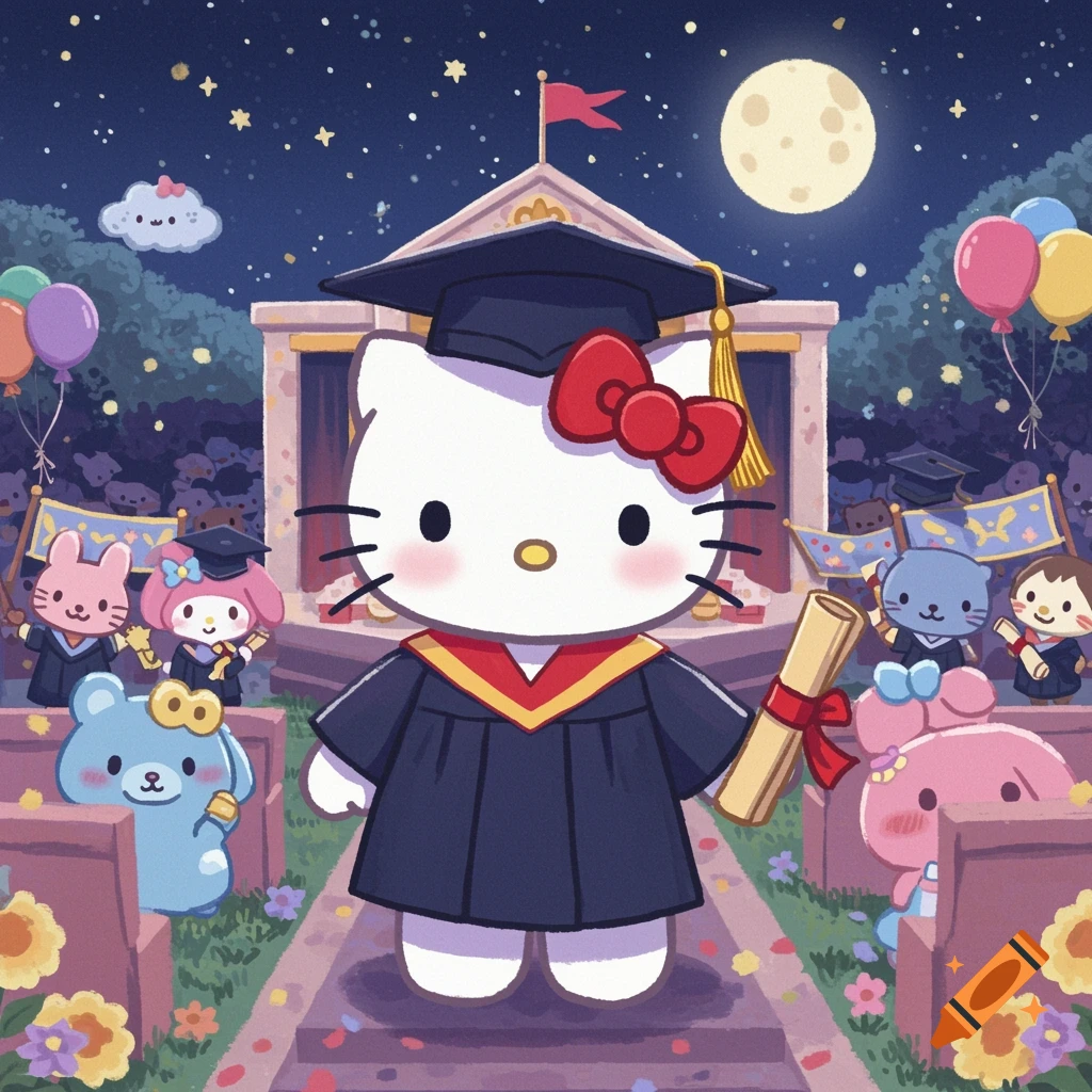 Hello Kitty and friends in graduation robes stand in front of a building at night under a full moon. Illustration style.