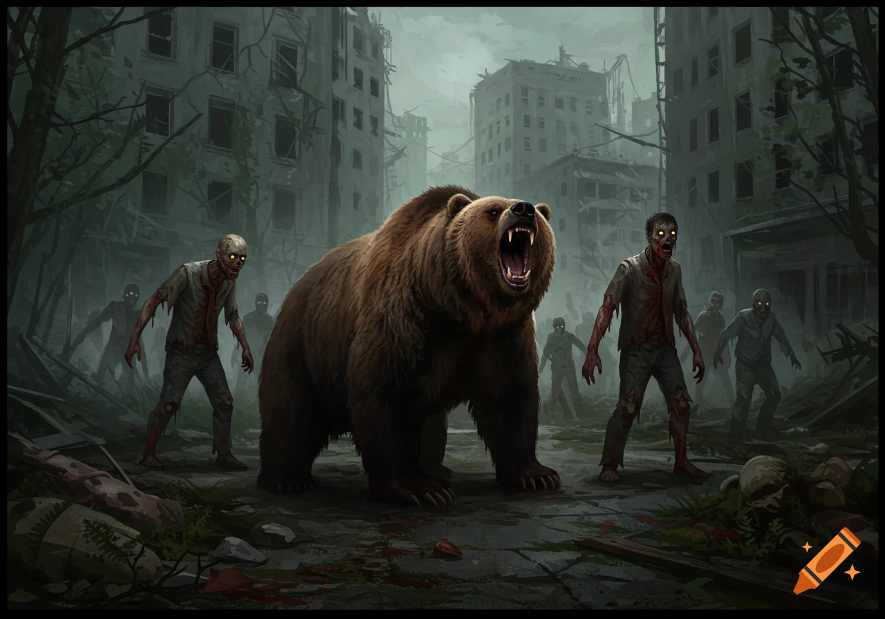 A snarling bear confronts zombies in a ruined city.