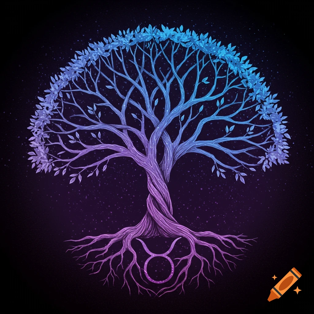 Stylized Tree of Life forming Taurus symbol, gradient purple to blue, starry background.