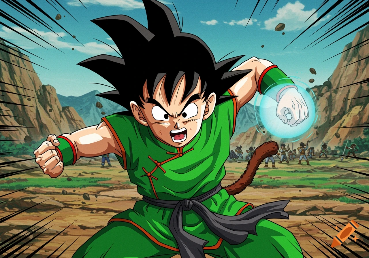 Son Gohan in Dragon Ball Z style charges energy in a desert scene with mountains and figures in the background.