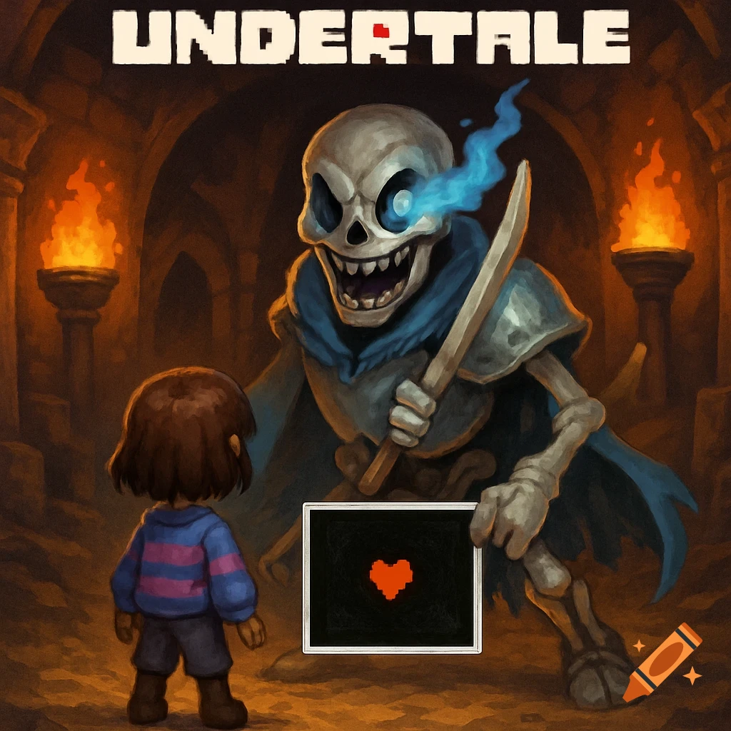 Small person faces skeleton with glowing eye and sword in a dark dungeon.