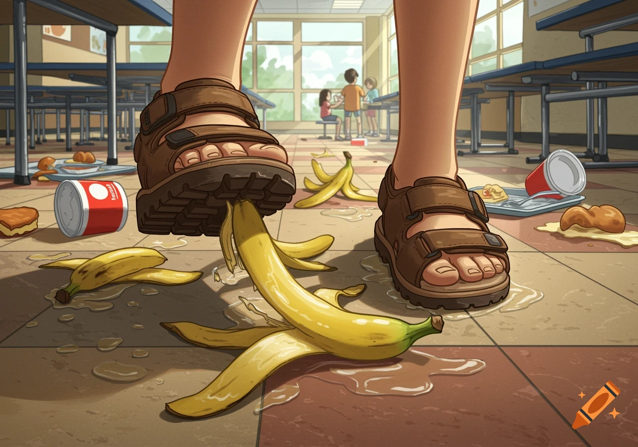A person's foot in a sandal steps on a banana peel on the floor of a messy school cafeteria.