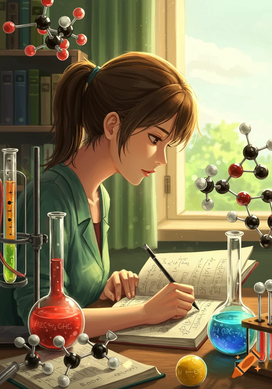 Digital painting of a young woman studying chemistry with beakers, molecular models, and notebooks.