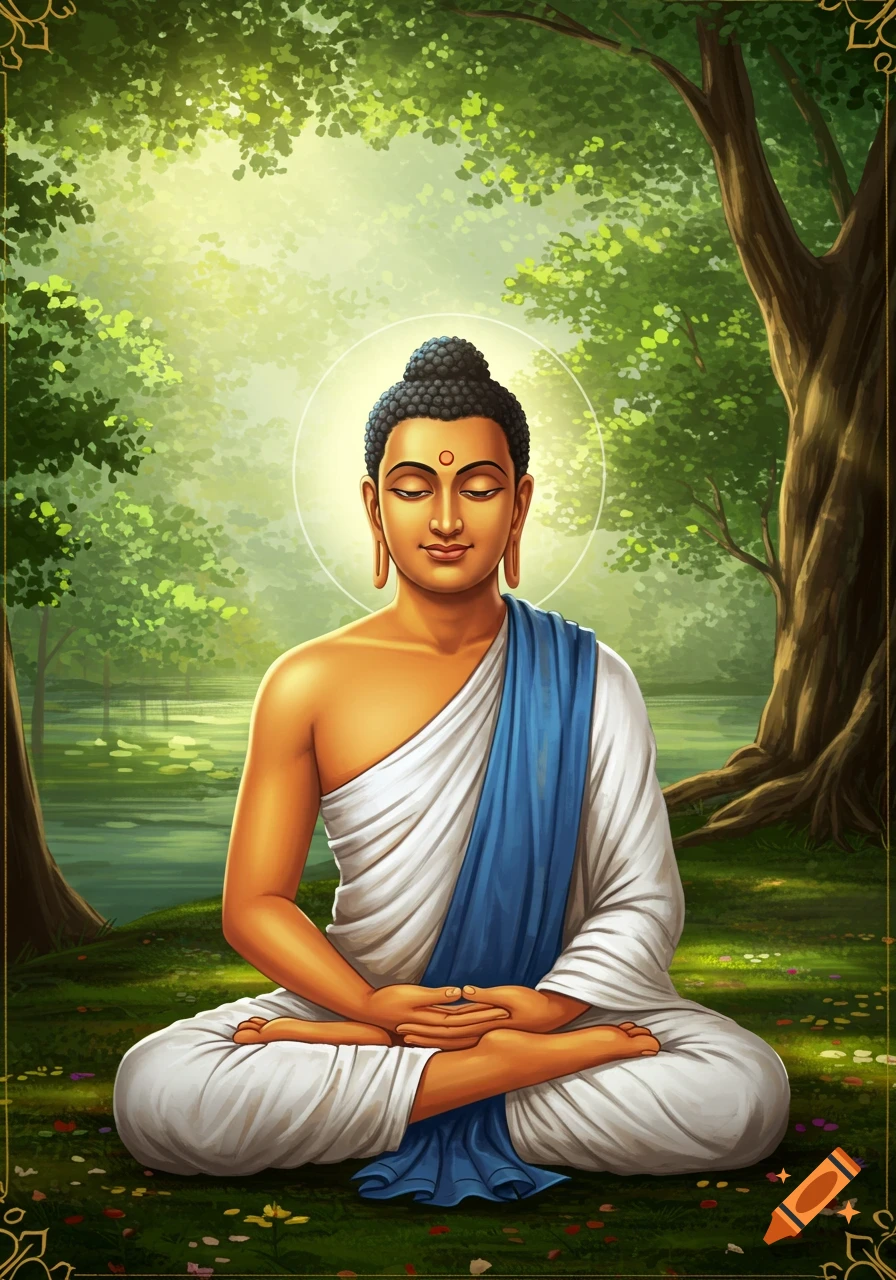 Illustration of Buddha meditating in a forest clearing.