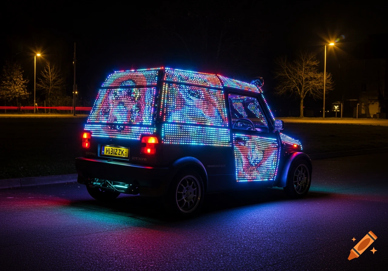 Car covered in colorful LED lights at night on a street.