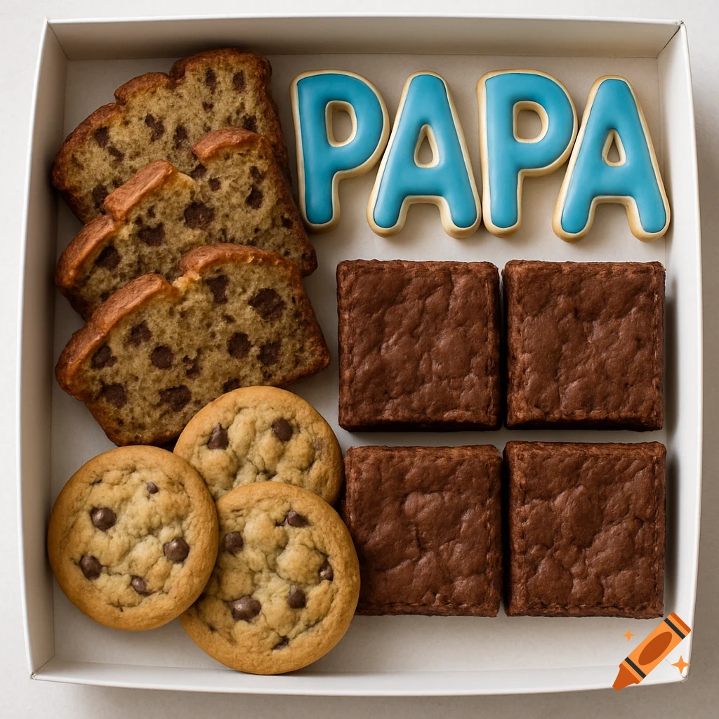 White box filled with slices of banana bread, chocolate chip cookies, brownies, and blue iced sugar cookies spelling 'PAPA'.