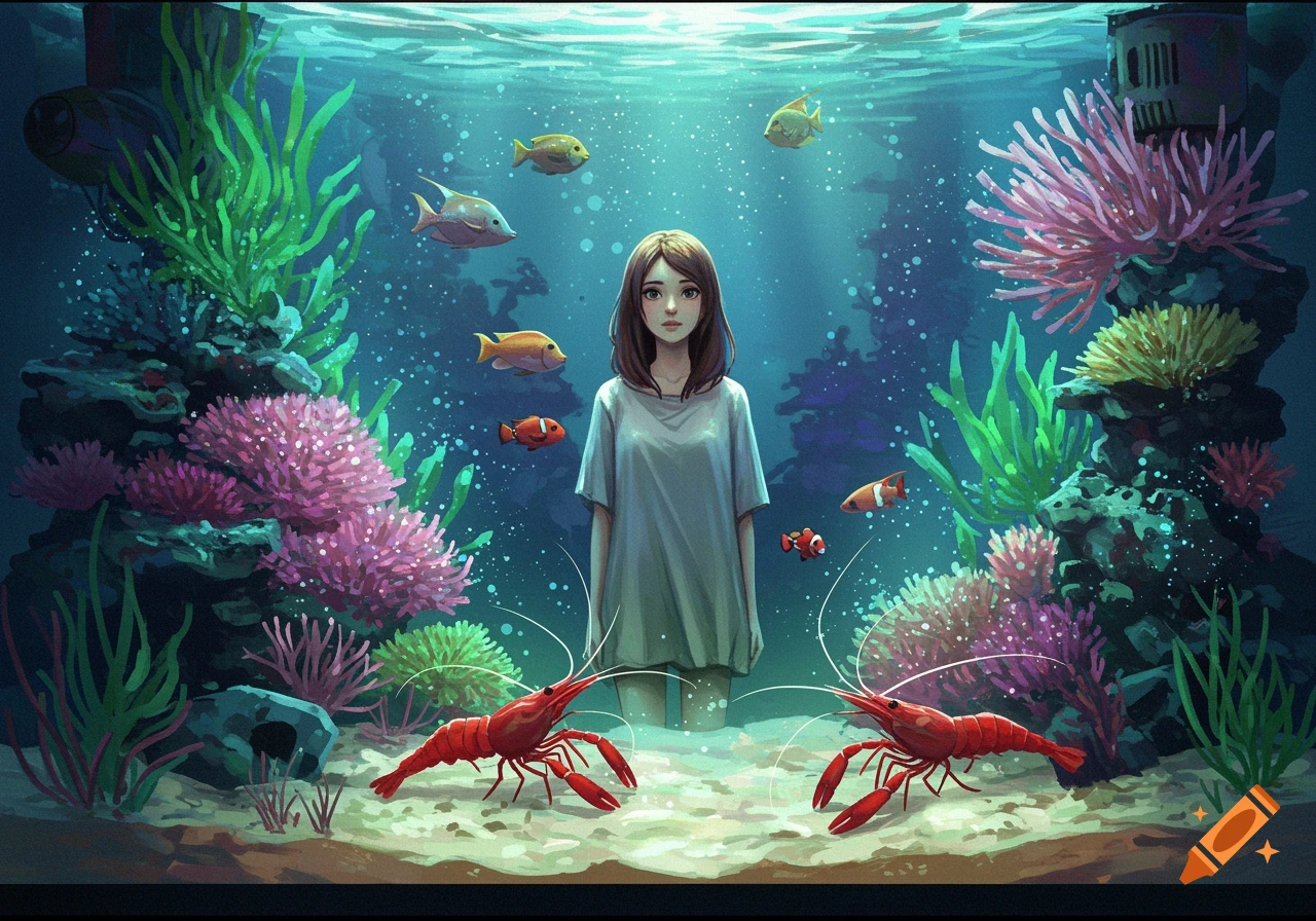 A girl stands in a vibrant aquarium with fish, shrimp, and coral.