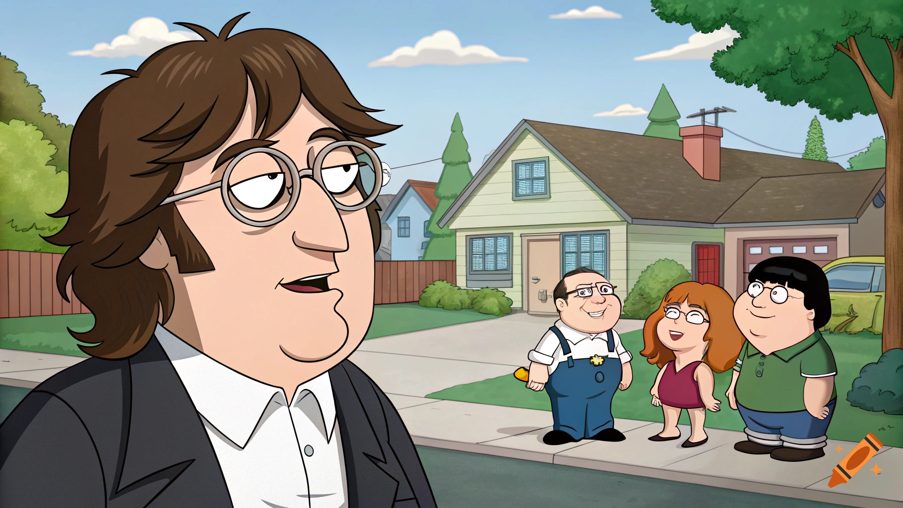 Cartoon characters resembling John Lennon and others stand in front of a house.