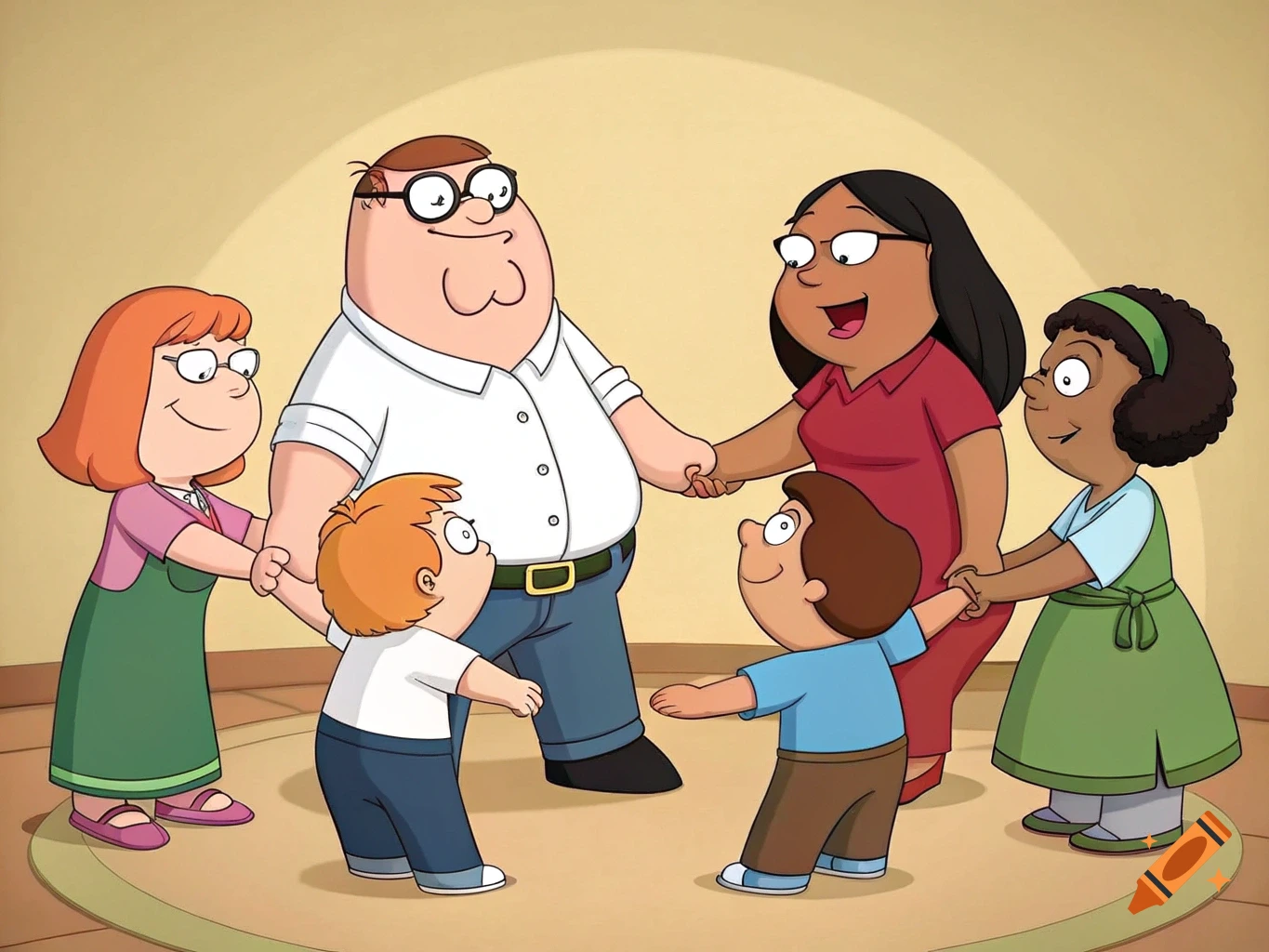 Cartoon characters in the style of Family Guy, including Peter Griffin, hold hands in a circle.