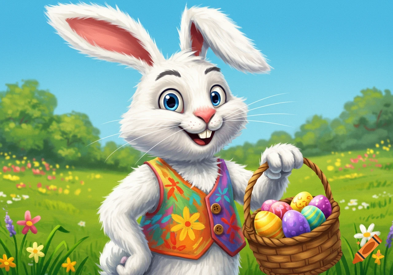 A white cartoon rabbit holding a basket of colorful Easter eggs in a sunny field.