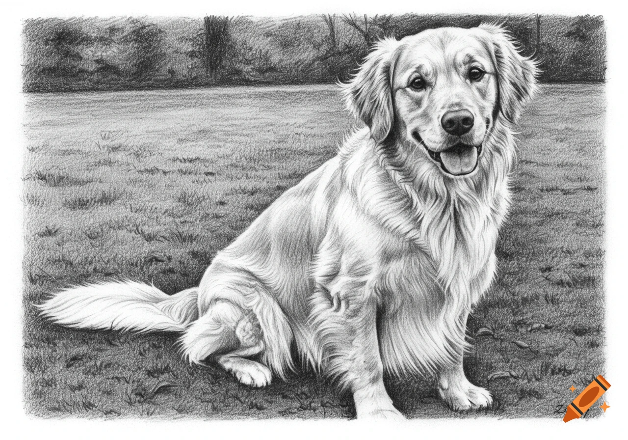 Pencil drawing of a golden retriever sitting on grass.