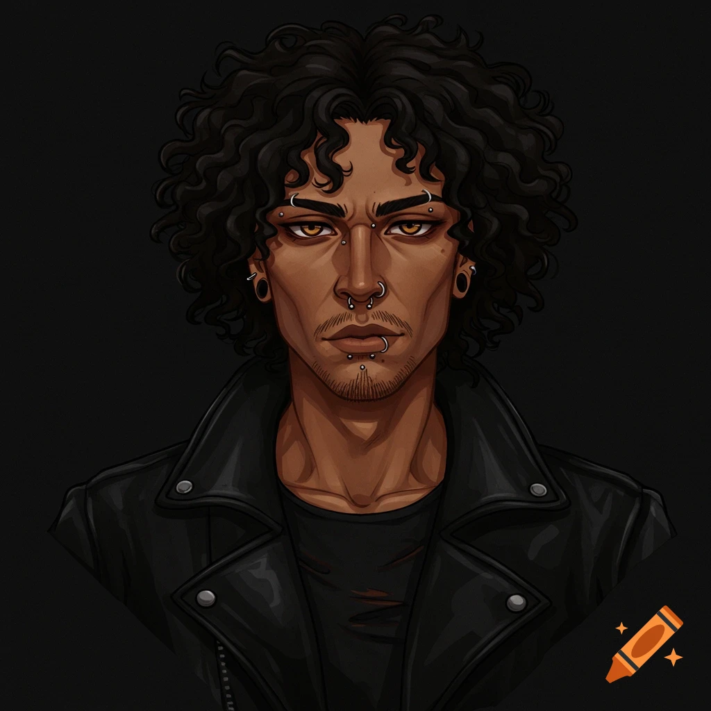 Illustration of a man with curly hair, piercings, and a leather jacket.