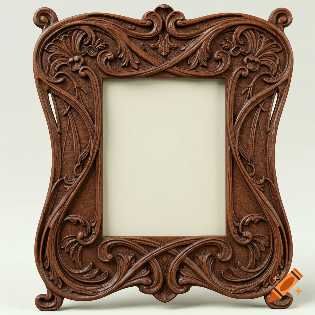 A photorealistic image of an ornate carved wooden picture frame in the Art Nouveau style.