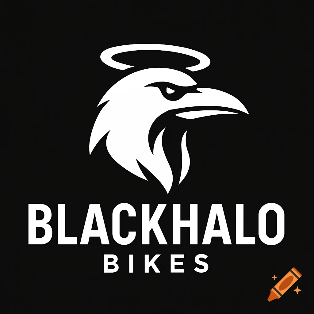A black and white logo featuring a stylized bird head with a halo above the text 'BLACKHALO BIKES'.