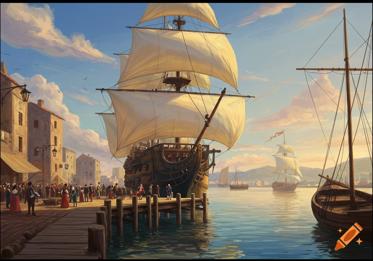 Large ship docked at a bustling harbor with people on the pier, painterly style.