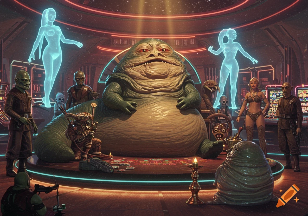 Jabba the Hutt sits in a space casino surrounded by aliens and holographic figures in a photorealistic style.