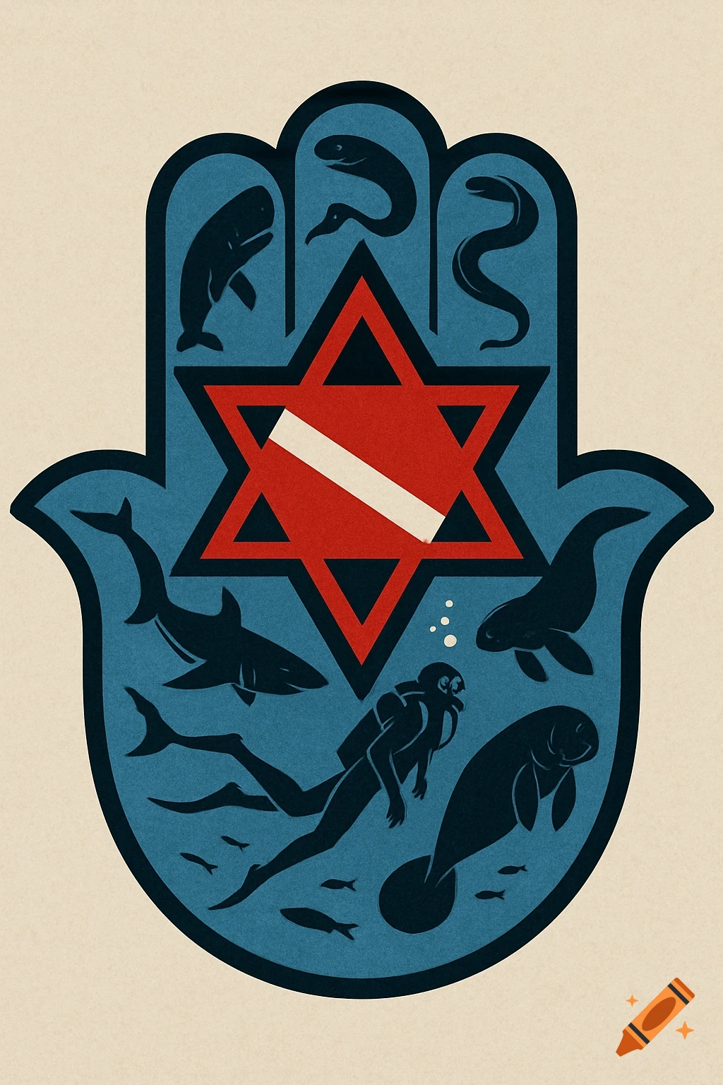 Illustration of a Hamsa hand with a Star of David scuba flag, containing marine life and a scuba diver.