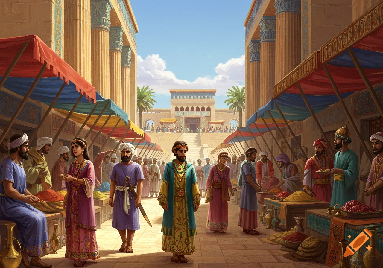 A busy market street in an ancient city, with large stone columns, vendors, and people in period clothing.