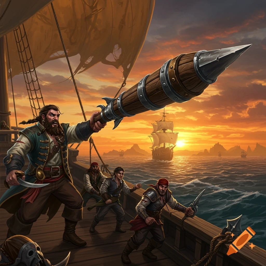 Pirates on a ship deck aim a large spiked missile at sunset.