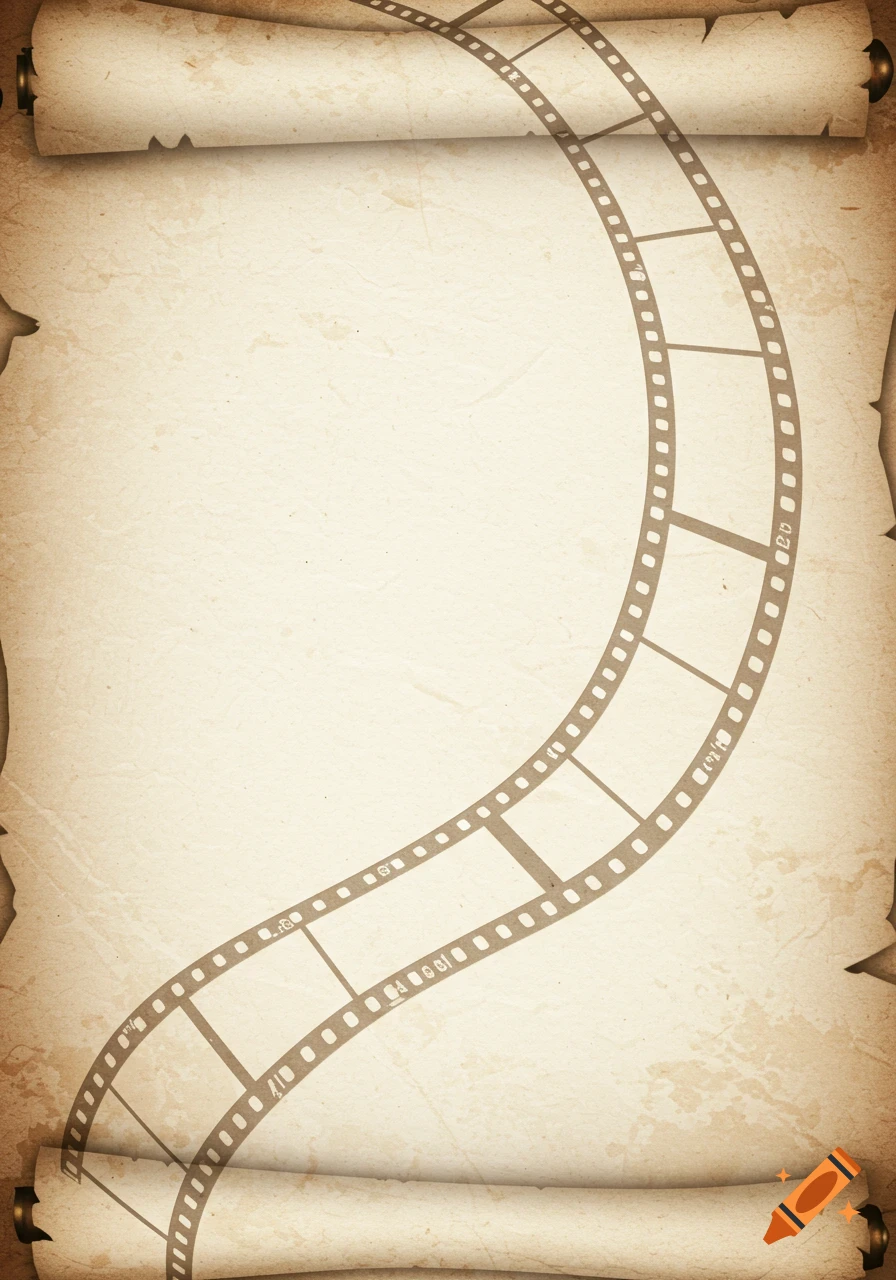 An old paper scroll background with a curving film strip overlaid.