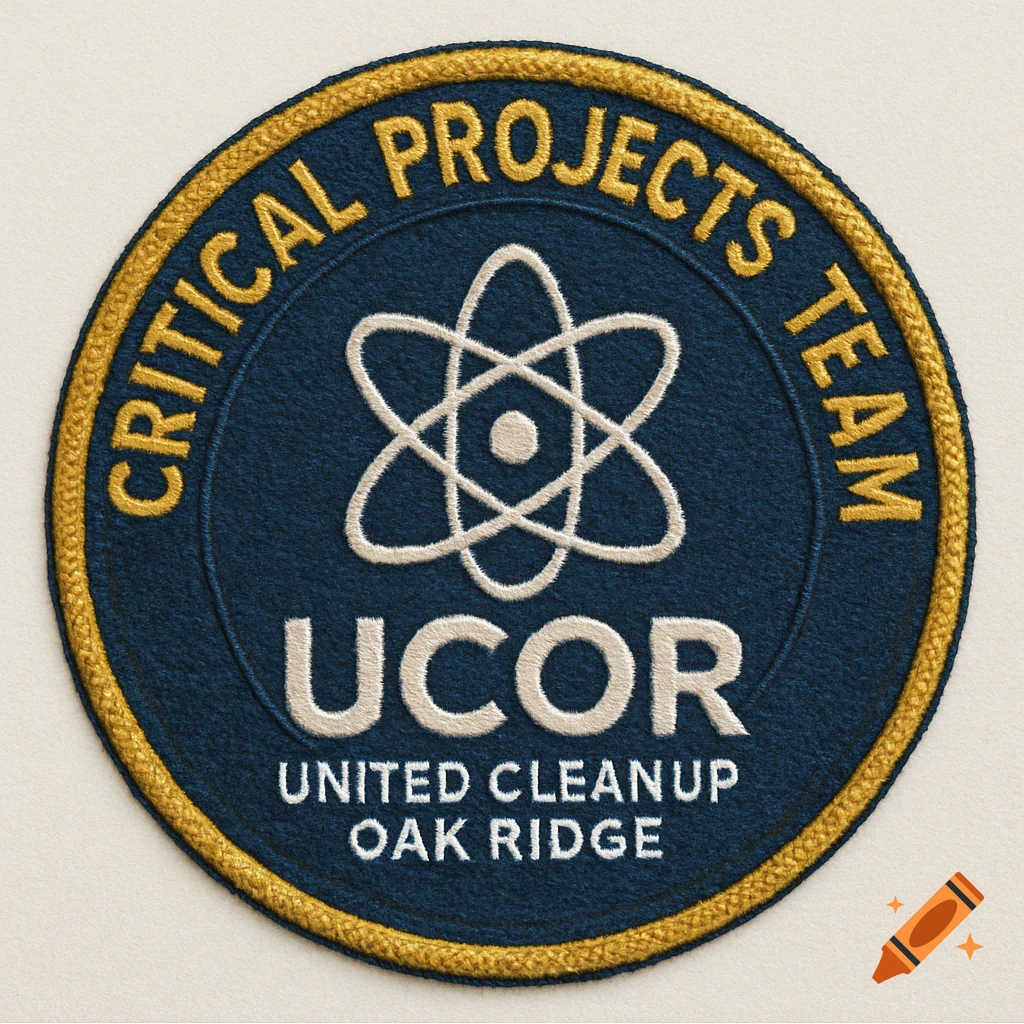 Embroidered circular patch for 'Critical Projects Team' with a science symbol and 'UCOR United Cleanup Oak Ridge' text.