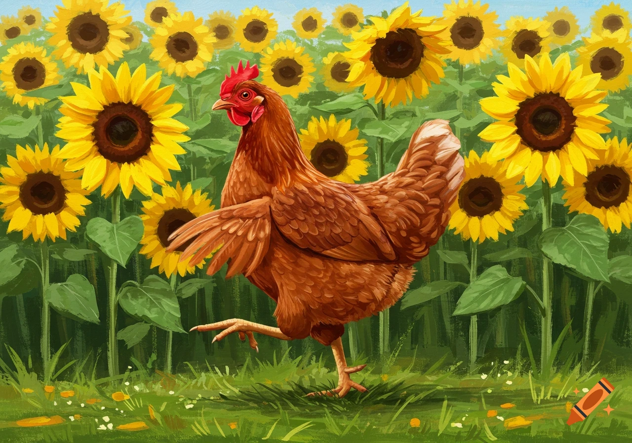 A brown chicken stands on one leg in a field of tall yellow sunflowers under a blue sky, in a painted style.