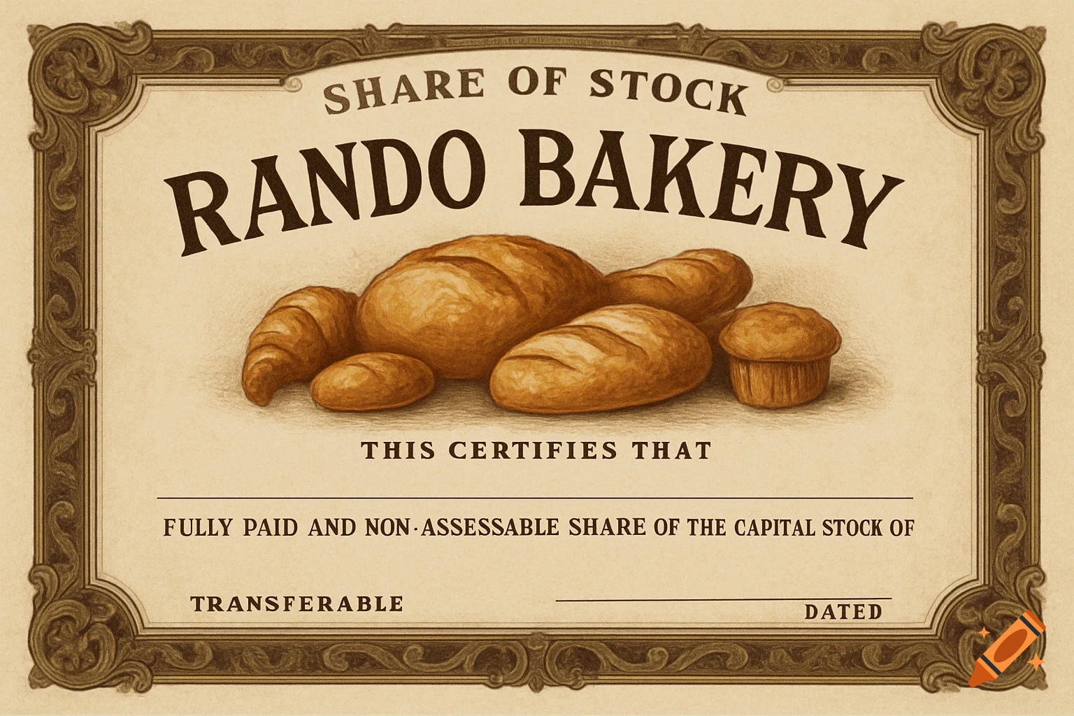 Stock certificate for Rando Bakery with illustrations of bread, croissant, and muffin