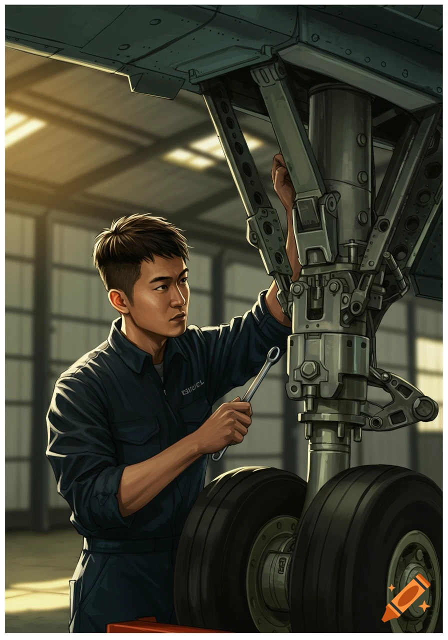 Illustration of a man working on an aircraft landing gear in a hangar.