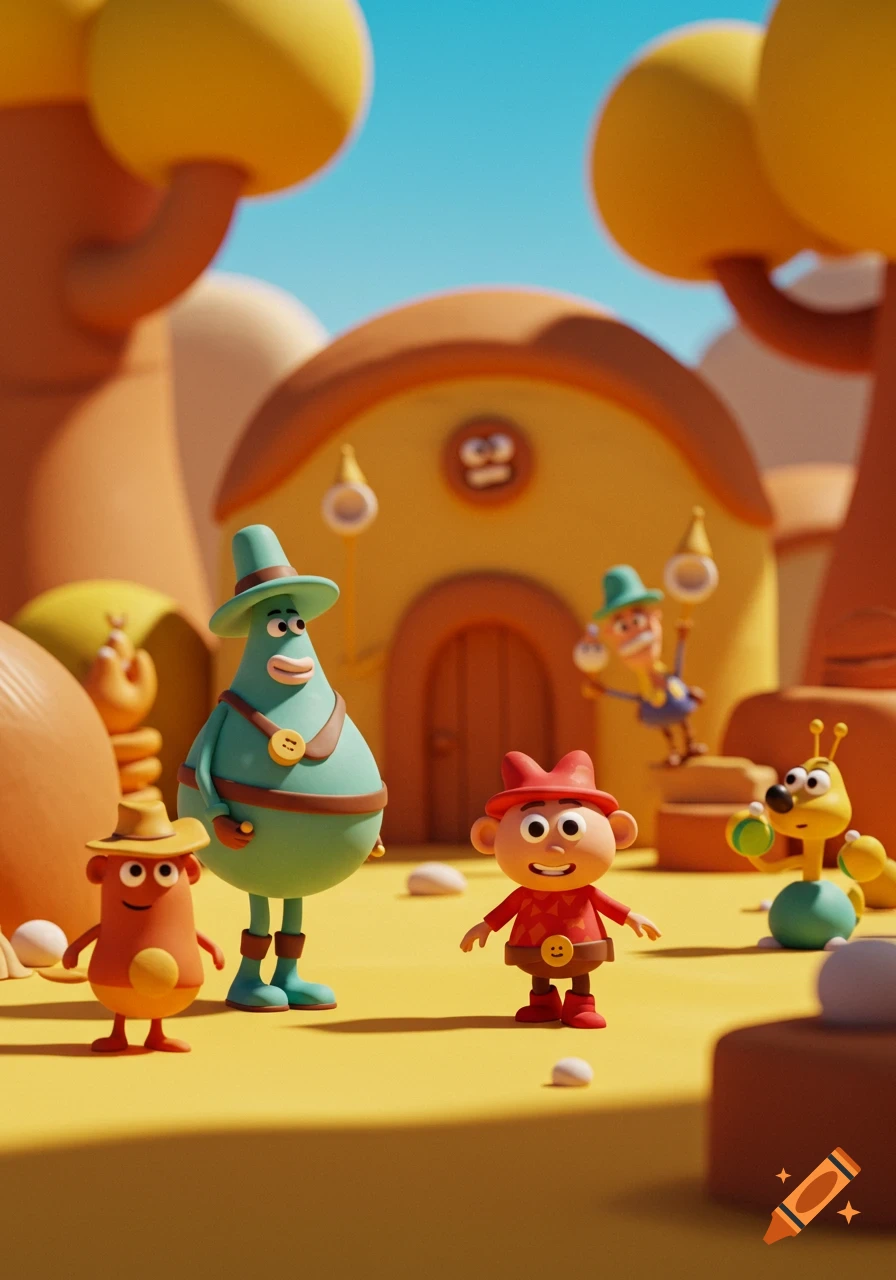 A group of 3D cartoon characters stand in a bright landscape near a small house.