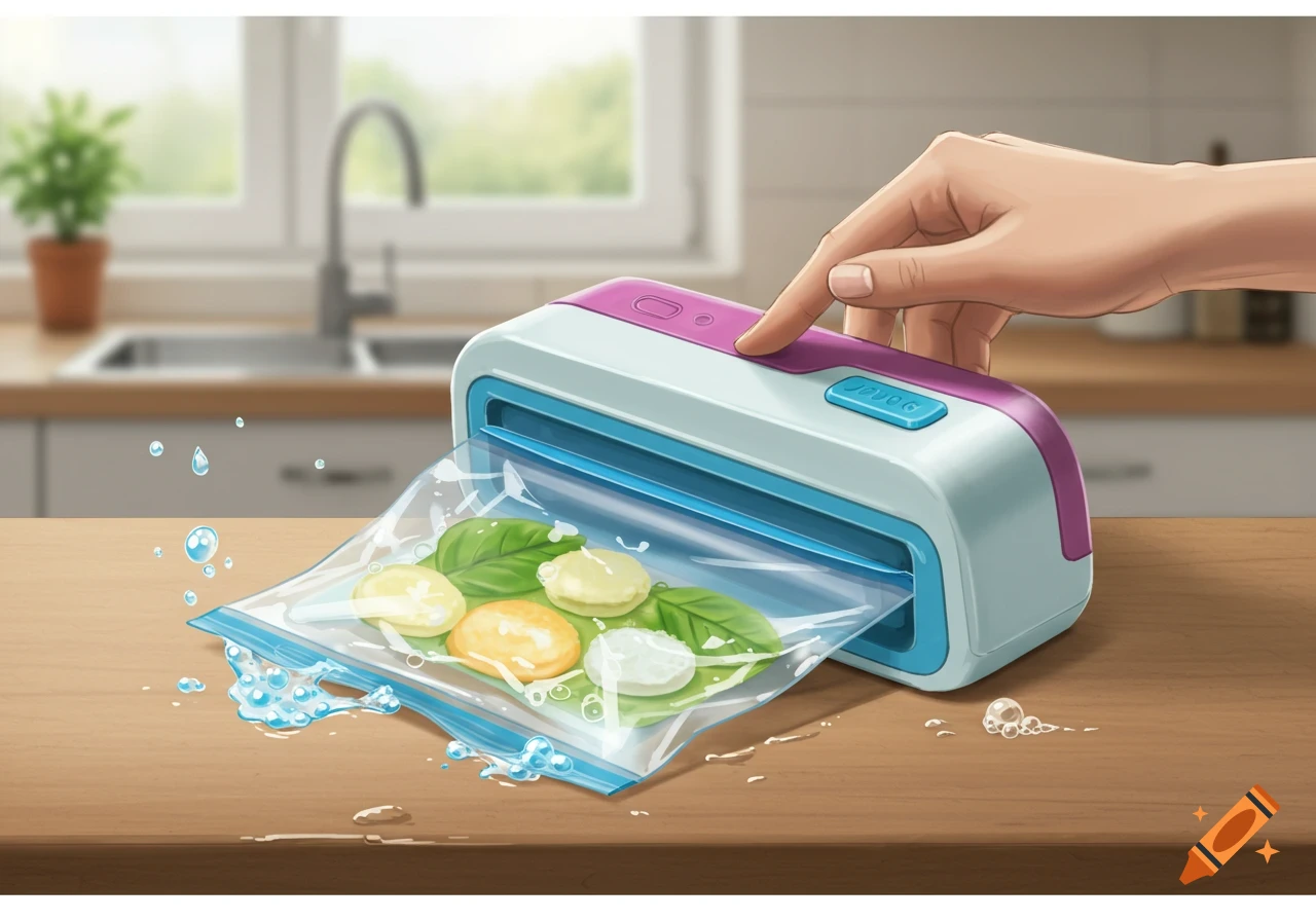 Hand seals a plastic bag of mozzarella and basil in a vacuum sealer on a kitchen counter.