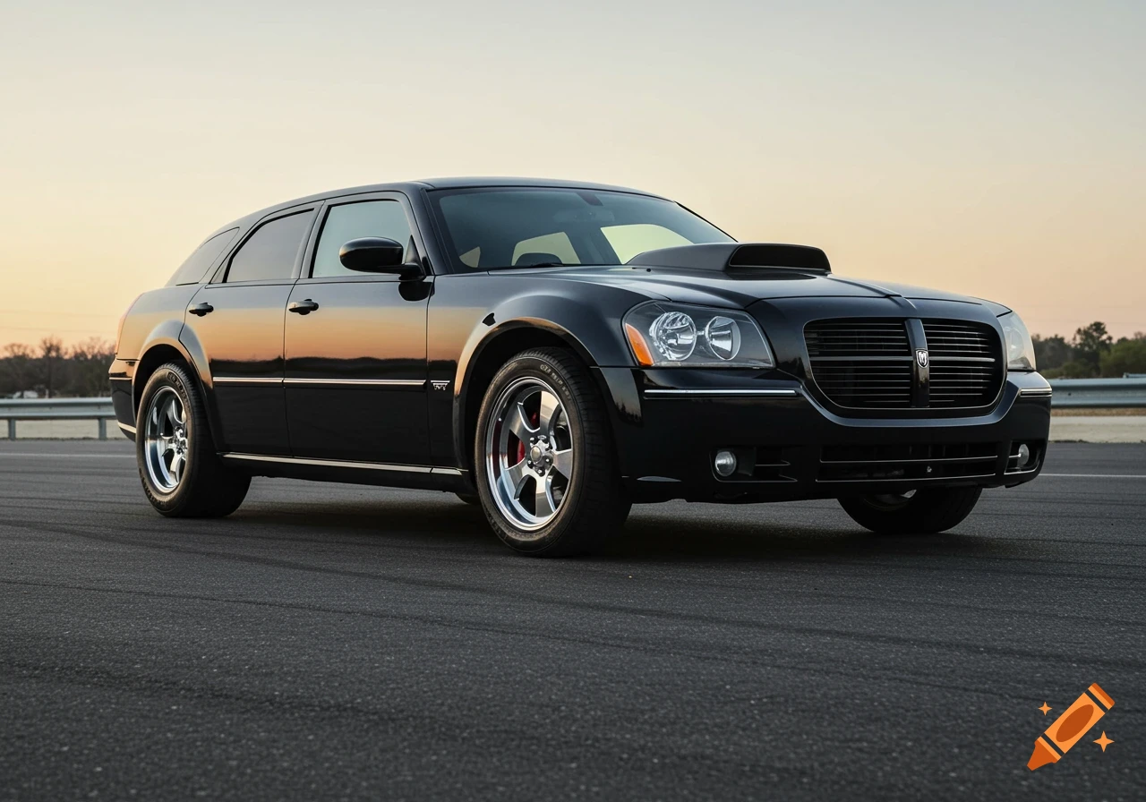 Black Dodge Magnum station wagon with hood scoop on a road at sunset.