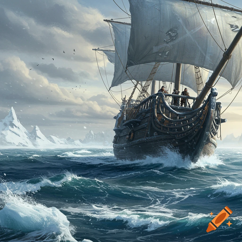 A large sailing ship navigates rough seas past icebergs in the arctic.