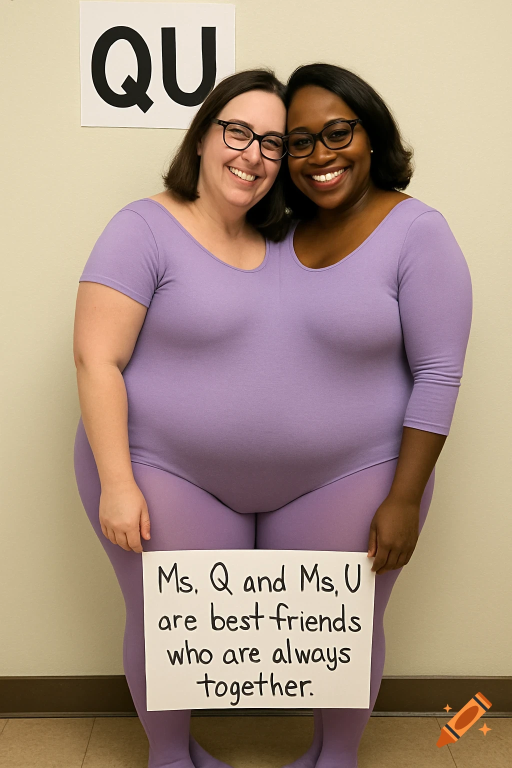 Two women in a shared purple leotard and tights hold signs that say "QU" and "Ms. Q and Ms. U are best friends who are always together."