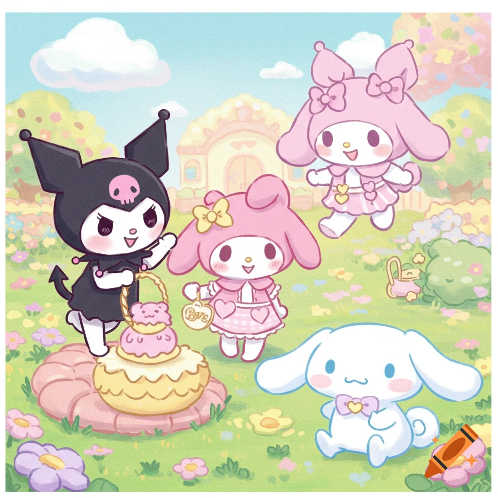 Kuromi, My Melody, and Cinnamoroll having a picnic outdoors