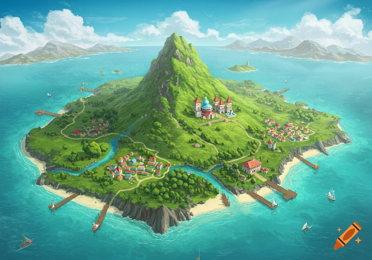 Isometric illustration of a lush green island with a town, castle, docks, and boats surrounded by blue water.
