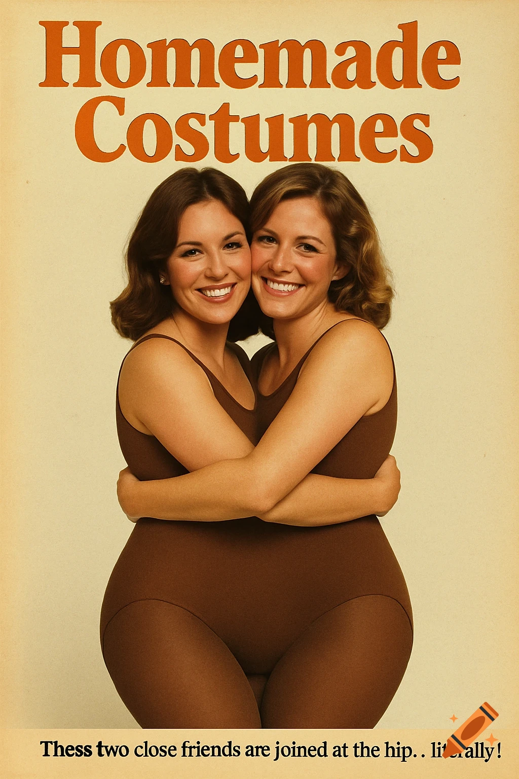 Vintage poster or magazine cover featuring two women in a single brown leotard, with text about homemade costumes.