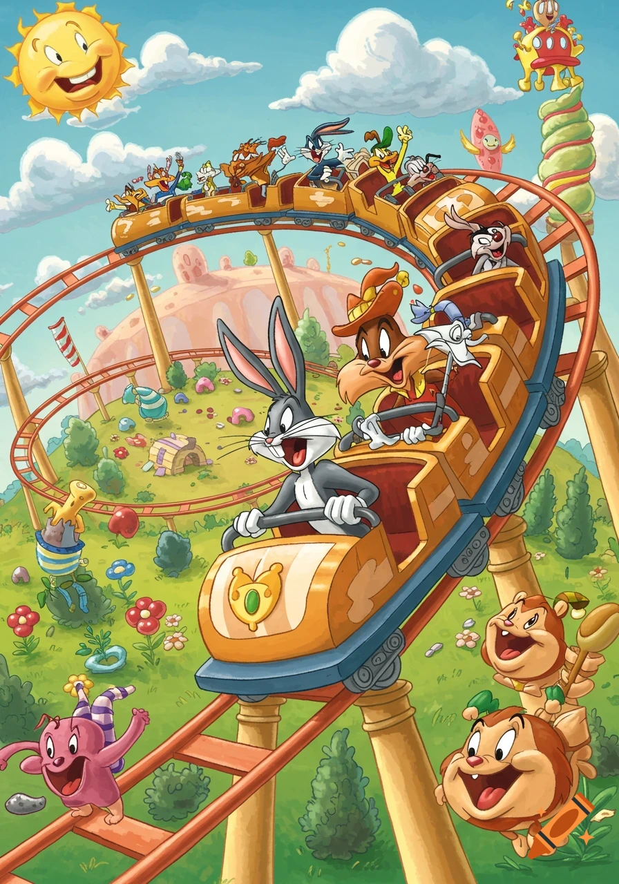 Bugs Bunny, Yosemite Sam, and other cartoon characters ride a rollercoaster in a bright, whimsical landscape.