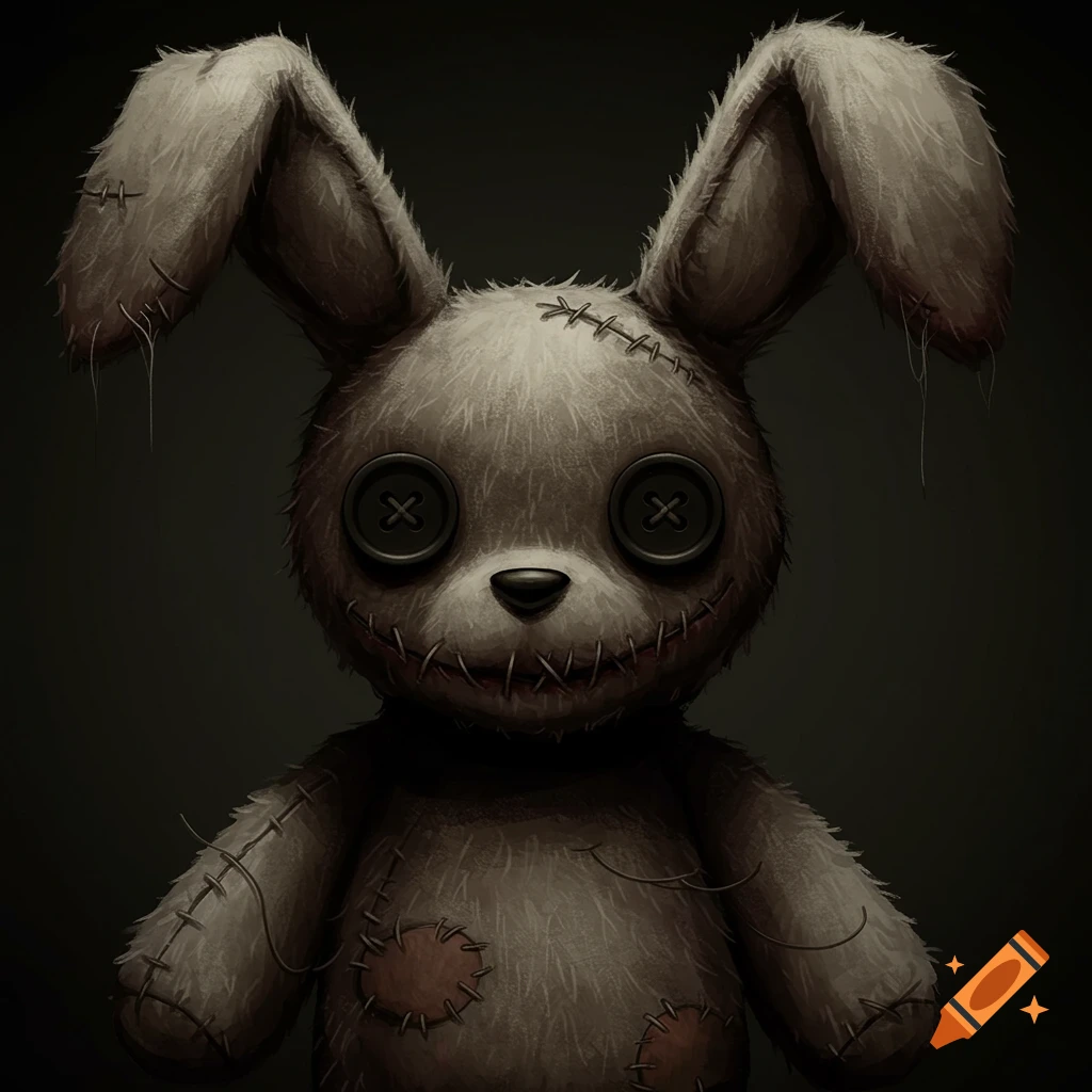 A creepy stuffed bunny with button eyes and stitches.