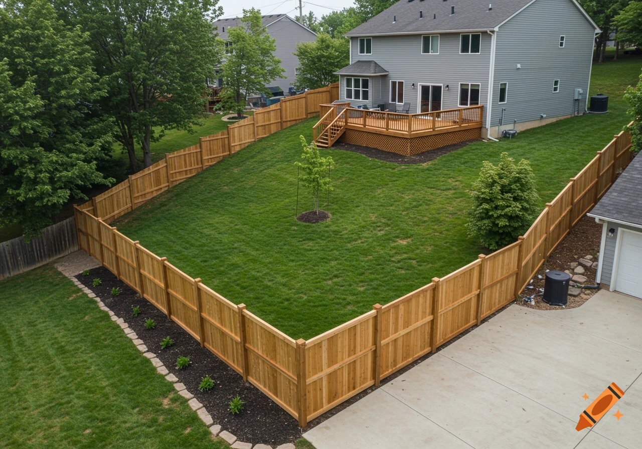Aerial view of a suburban backyard with a grey house, deck, lawn, trees, and a new wooden privacy fence.