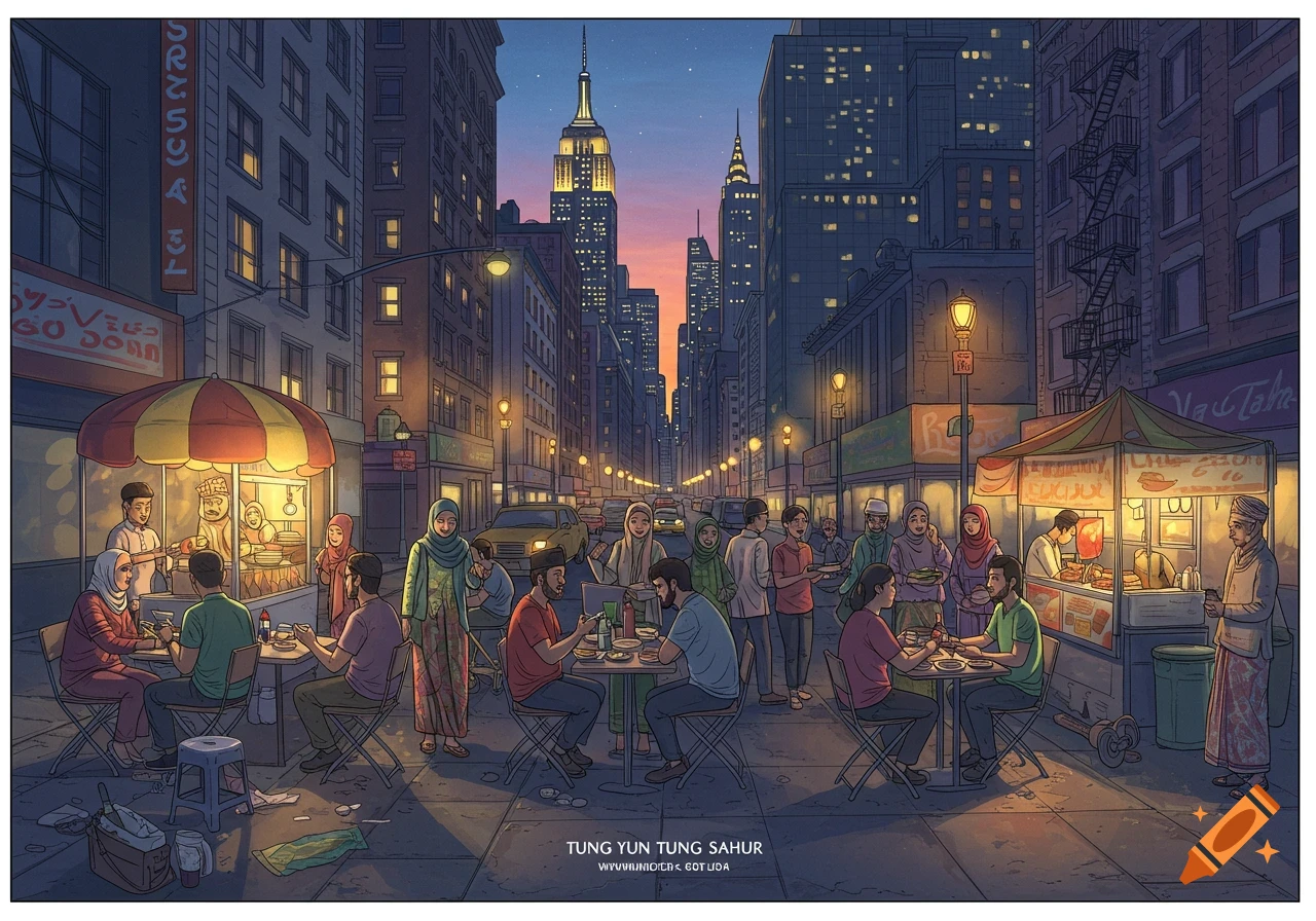 Illustration of people eating at outdoor food stalls on a city street at night, skyscrapers in background.