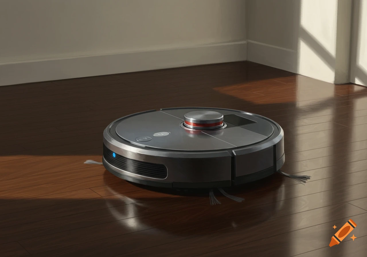 Sleek robot vacuum on a polished wood floor with sunlight and shadows.