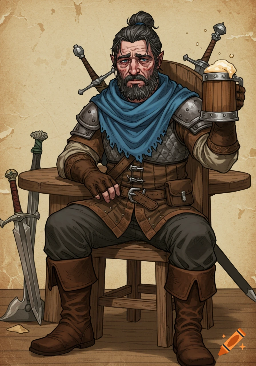 A digital art illustration of a sad fantasy mercenary holding a mug of beer, sitting in a chair with swords around him in a tavern.