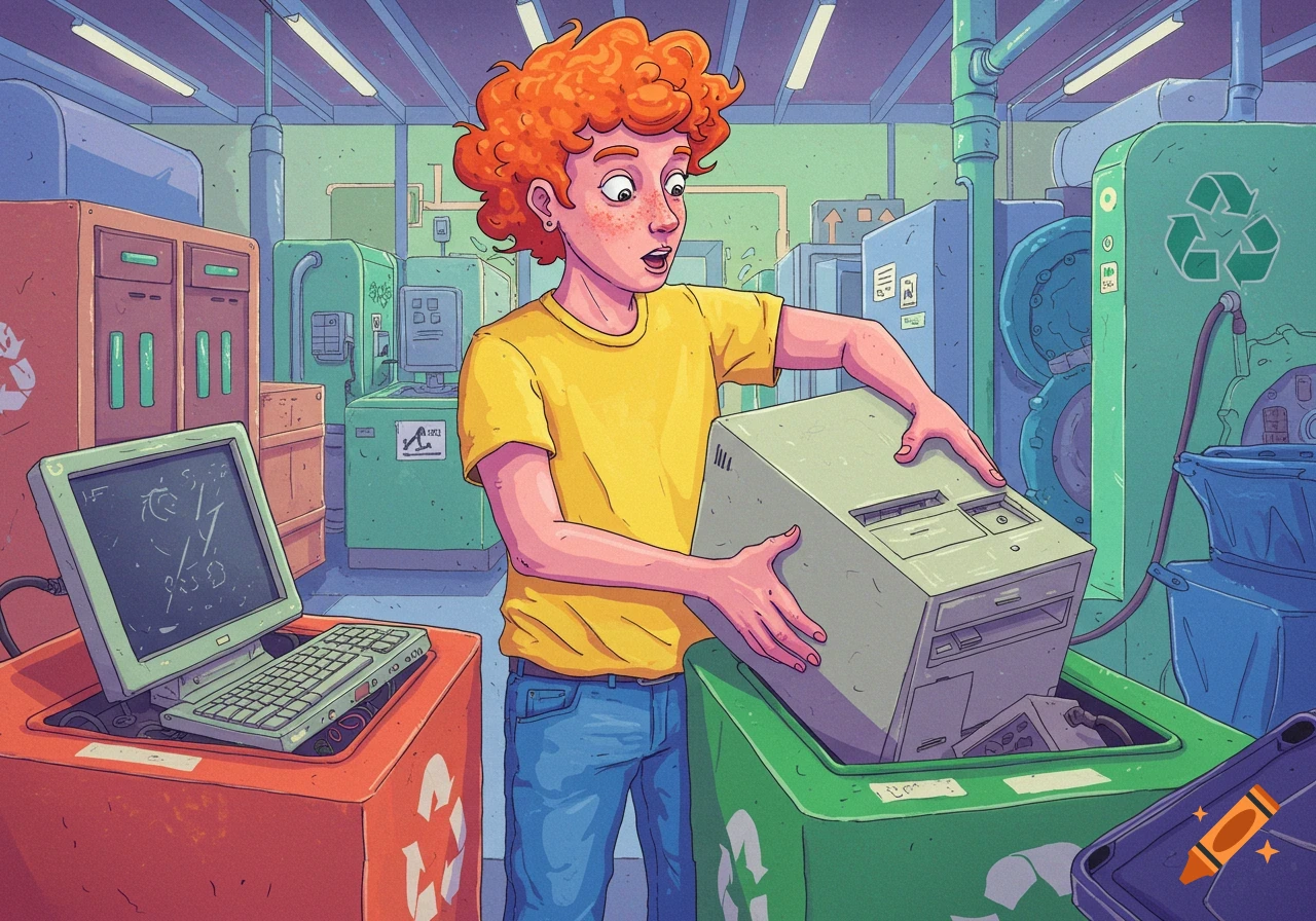 Cartoon illustration of a person recycling old computer equipment in a factory setting.