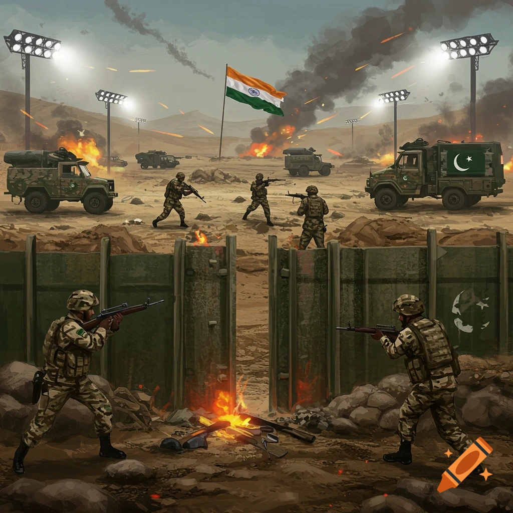 Illustration of a military conflict scene with Indian and Pakistani soldiers, vehicles, flags, and fires in a desert setting under spotlights.